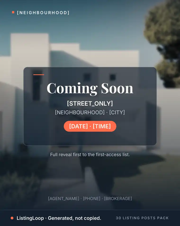 Open house announcement post — the Coming Soon / Open House template from the 30 Listing Posts Pack