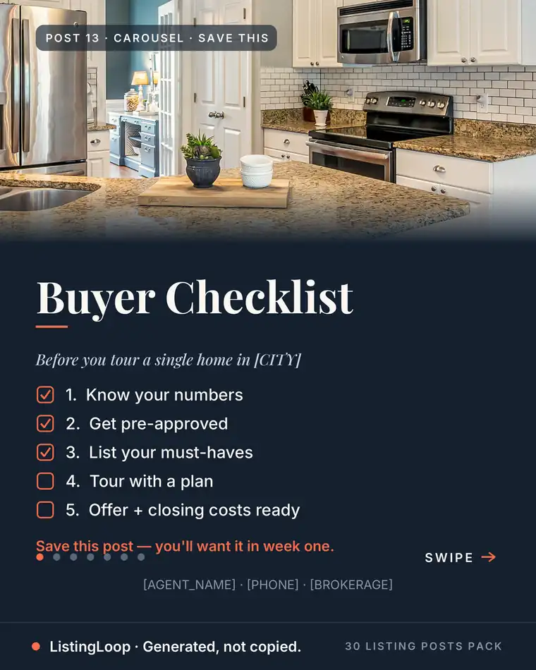 Realtor content calendar — the Buyer Checklist carousel from the 30 Listing Posts Pack